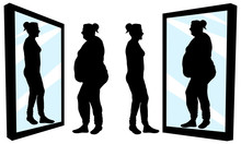 Woman Stands In Front Of A Mirror And Sees A Reflection. Fat And Thin Girl. Inferiority Complex. Thick And Thin. Silhouette Vector Illustration