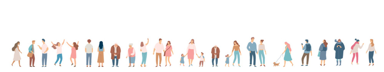 people crowd. background people vector horizontal banner. men and women, parents, kids walking outdo
