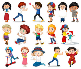 Wall Mural - Large set of boys and girls doing different activity on white background