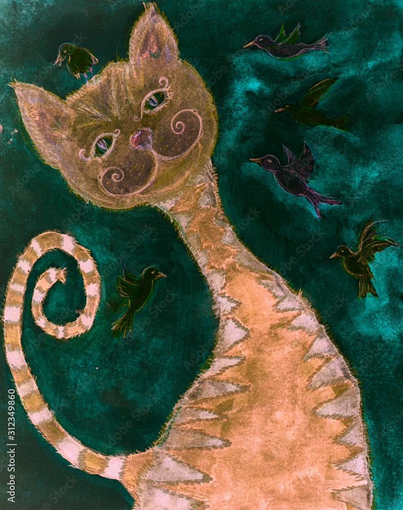 Psychedelic cat and the birds. The dabbing technique near the edges ...