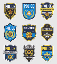 Police Badges. Officer Government Badge, Special Police Security Medallion And Federal Agent Signs, Policeman Insignia Vector Set