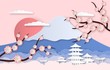 © YummyBuum - Paper sakura. Panorama landscape with japanese trees, garden flowers and hills. Paper cut style origami asia travel vector background
