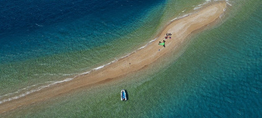 Aerial drone ultra wide photo of tropical exotic turquoise sand bar in exotic bay