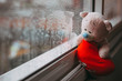 © Марина Демешко - A toy pink sad bear with a red plush heart sitting on the windowsill. Autumn rainy day. Raindrops on the window. Close up