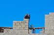 © eleonimages - The builder builds the wall of the house from the cinder block. Worker at the construction site.
