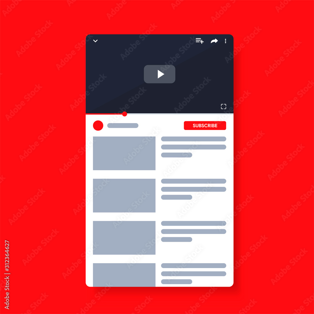 Mobile Video player youtube. Smartphone social media interface. Play video  online mock up. Youtub subscribe button. UI window with navigation icon.  Vector illustration. Stock Vector | Adobe Stock, image size:1000x1000