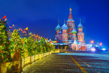 St. Basil's Cathedral With New Year's Illumination At Night
