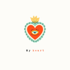 sacred mexican heart. my heart. heart with eye. cartoon style. hand drawn colored greeting card. lov