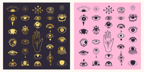 Wall Mural - evil eyes symbol set. different shapes. flat design. free hand drawing style. esoteric sign alchemy,