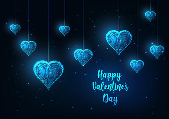 Wall Mural - Futuristic Happy Valentines Day greeting card with glowing low poly hanging hearts on dark blue.
