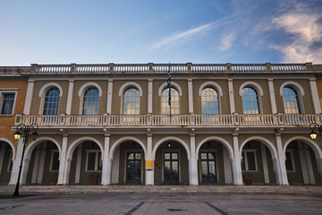 Wall Mural - The facade of the building of the museum with arcades in the city of Zakynthos on the Greek island.