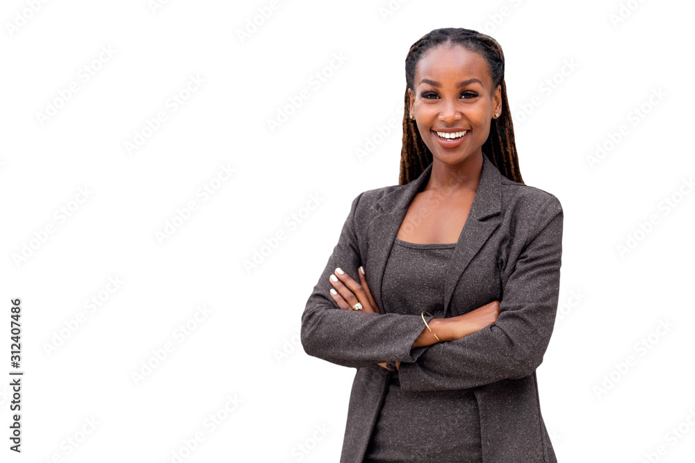 Portrait of a happy African American female company leader, CEO, boss, executive, isolated on white background - obrazy, fototapety, plakaty 