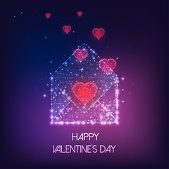 Wall Mural - Futuristic Happy Valentine's Day greeting card with glowing low polygonal envelope and red hearts