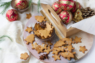 Christmas and New Year cookies and baubles, holiday mood, festive season. Top view