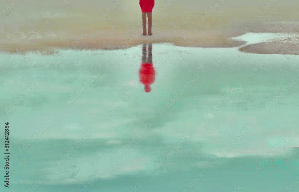 Man alone with the sea, sad, depression, loneliness, surreal painting - obrazy, fototapety, plakaty 