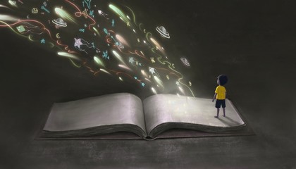 little boy with fantasy book, education concept