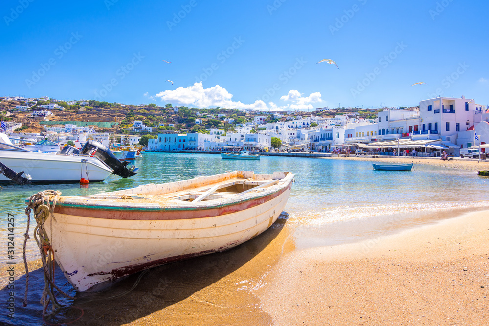 Mykonos port with boats, Cyclades islands, Greece - obrazy, fototapety, plakaty 