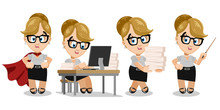 Vector Set With Blond Pretty Secretary In Different Situations.
