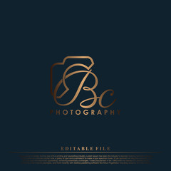 Initial Letter BC with camera. Logo photography simple luxury vector.