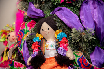 Wall Mural -  Christmas tree with traditional Mexican decorations, rag dolls, traditional colored ribbons of Mexican culture