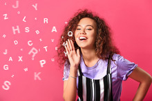 Shouting Young Woman On Color Background