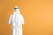 © Pixel-Shot - Handsome Arab man on color background, back view