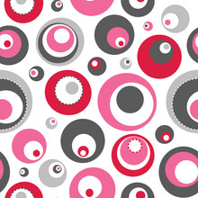 Red, Pink And Grey Seamless Polka Dot Pattern. Repeating Circle Pattern For Fabric, Backgrounds, Gift Wrap, Scrapbooking And More. Modern, Contemporary Abstract Print. EPS File Includes Pattern Swatch