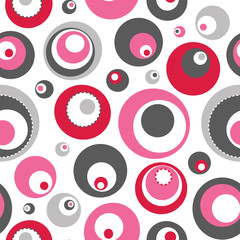 Wall Mural - Red, pink and grey seamless polka dot pattern. Repeating circle pattern for fabric, backgrounds, gift wrap, scrapbooking and more. Modern, contemporary abstract print. EPS file includes pattern swatch