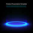 Neon pedestal. Blue glowing ring on glossy floor. Abstract hi-tech background for display product. Vector template.