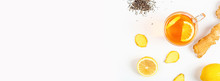 Ginger Tea With Lemon And Honey On White Background. Flat Lay, Top View, Mock Up, Template, Copy Space, Overhead