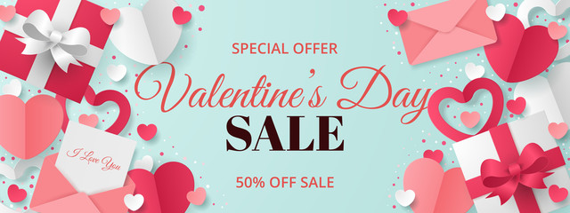 Wall Mural - valentine's day sale banner with heart shape, envelope and gift box. paper cut style. vector illustr