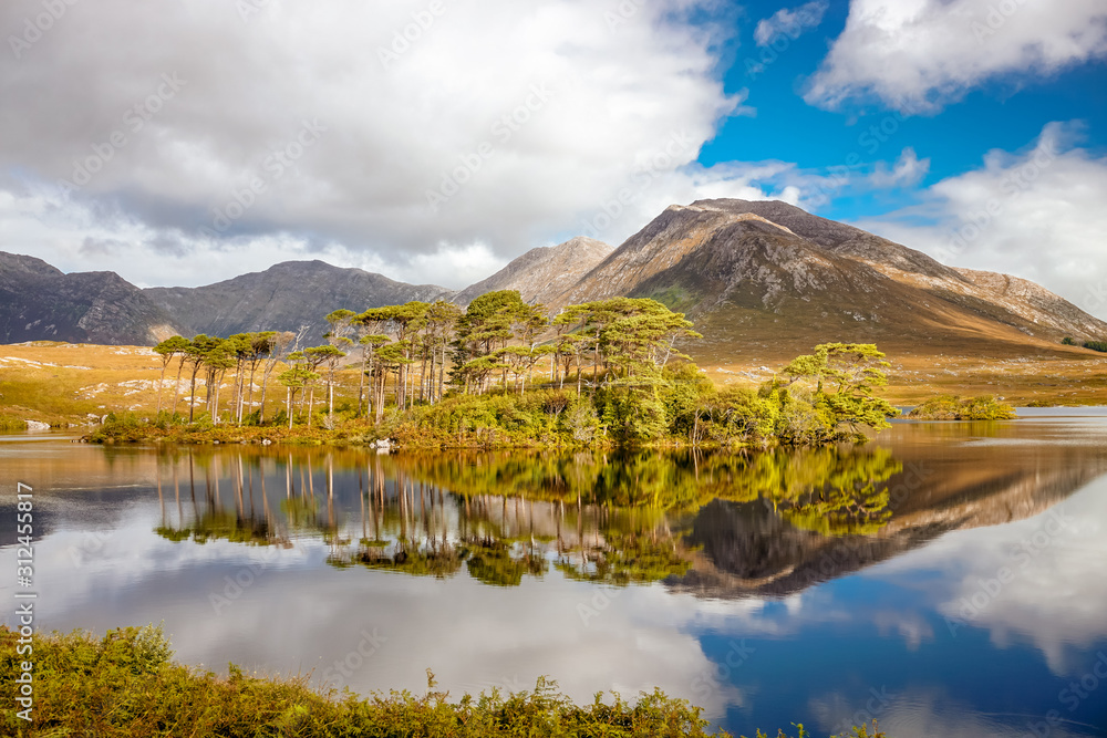 Derryclare Lough and the reflection of the twelve pines - obrazy, fototapety, plakaty 