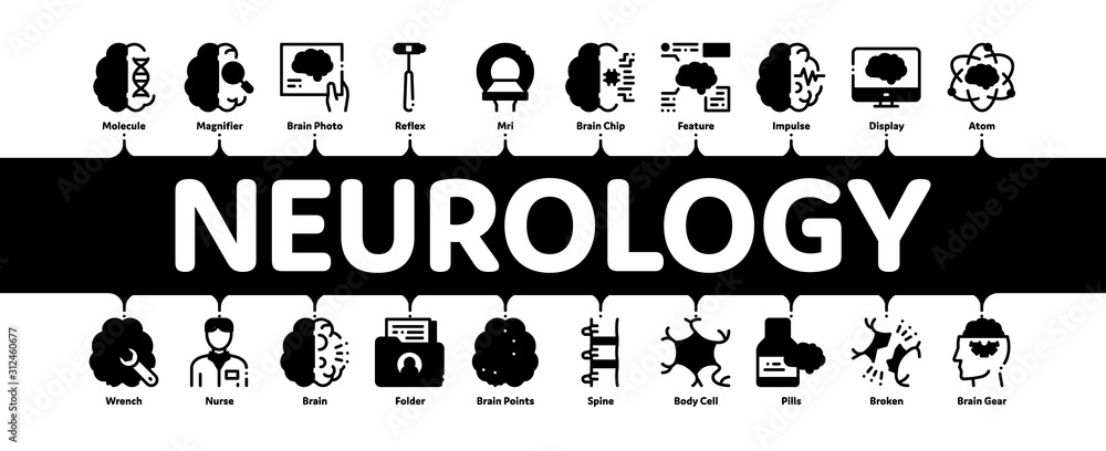 Neurology Medicine Minimal Infographic Web Banner Vector. Neurology Equipment And Neurologist, Brain And Nervous System, Nerves And Files Concept Illustrations - obrazy, fototapety, plakaty 