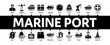 Marine Port Transport Minimal Infographic Web Banner Vector. Port Dock And Harbor, Lighthouse And Anchor, Captain And Sailor, Crane And Ship Concept Illustrations