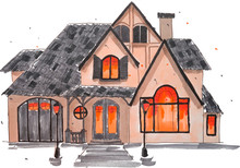 Cottage House Hand Drawn Marker Sketch Isolated On White Background. Template For Drawing And Scetch Eps10 Vector Illustraion.