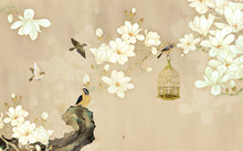 3d Illustration, Beige Background, White Magnolia Flowers On A Branch, Birds