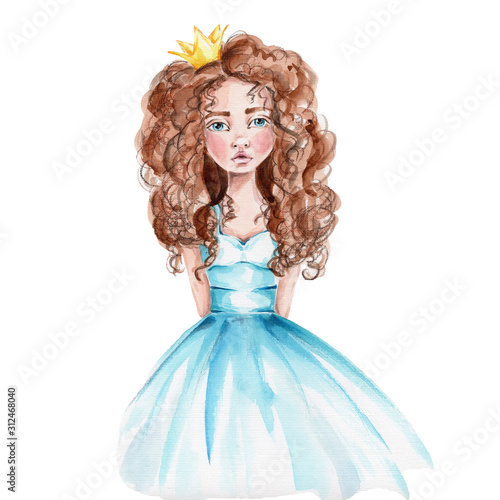 Pretty princess in blue dress and yellow crown; watercolor hand draw illustra...