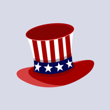 Patriotic American Top Hat In The Red, White And Blue Colours Of The Stars And Stripes At A Jaunty Angle On A White Background.