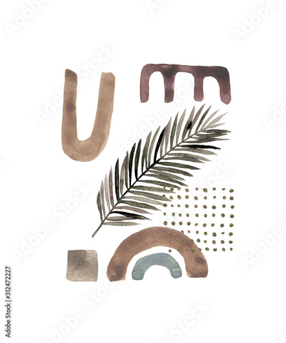 Geometric poster with watercolor, gold and marble elements on white backgroun...
