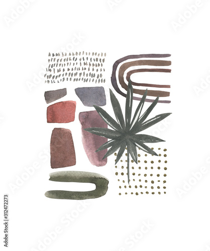 Geometric poster with watercolor, gold and marble elements on white backgroun...