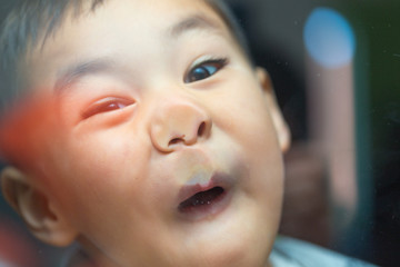 Curious child standing behind the glass and pressing his nose on a glass window