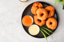 Vada Or Medu Vadai With Sambar And Coconut Chutney - Popular South Indian Snack. Recipe Ingredients With Copy Space
