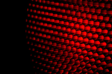 Closeup honeycomb grid texture with red light. Red and dark metal hexagon shaped pattern abstract background. Light modifier equipment. Metal honeycomb. Futuristic pattern. Honey grid cells network.