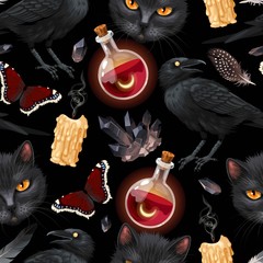 Seamless pattern with raven and black cat