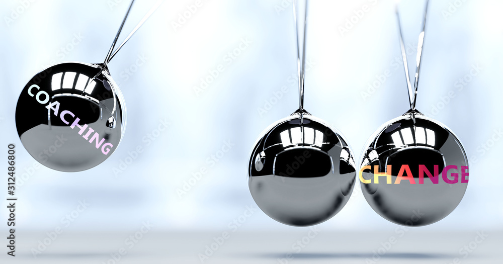 Coaching and New Year's change - pictured as word Coaching and a Newton cradle, to symbolize that Coaching can change life for better, 3d illustration - obrazy, fototapety, plakaty 