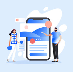 Mobile app development concept with characters. UI/UX design. Testing the interface and usability of app. Can use for web banner, infographics, hero images. Flat isometric illustration