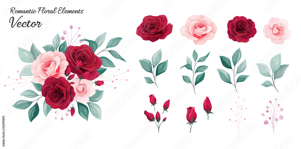 Floral vector collection. Flowers decoration illustration of red and peach rose flowers, leaves, branches. Romantic botanic elements for wedding or greeting card design - obrazy, fototapety, plakaty 