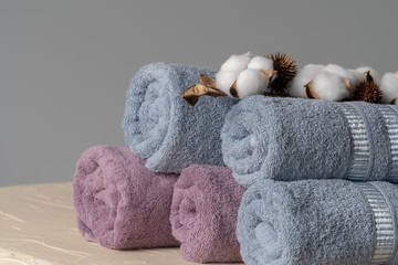 Cotton soft towels front view, copy space