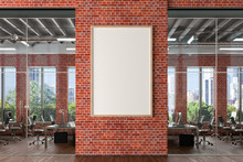 Blank Vertical Poster Mock Up On The Red Brick Wall In Office Interior. 3d Illustration