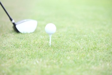 Wall Mural - Close-up of golf club and tee with ball on grass